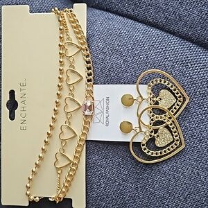 Enchante Royal Fashion Gold 3 Layer Necklace Hearts Dangle Earrings Pink Gem